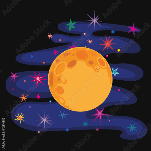 Full moon and colorful stars. Picture of moon with craters on night sky background. Vector Illustration