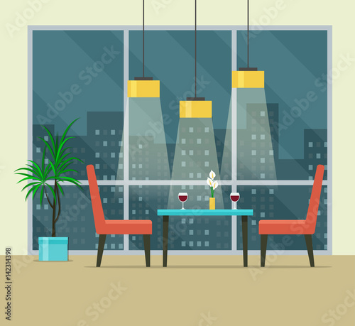 Night romantic date with wine. Vector flat illustration