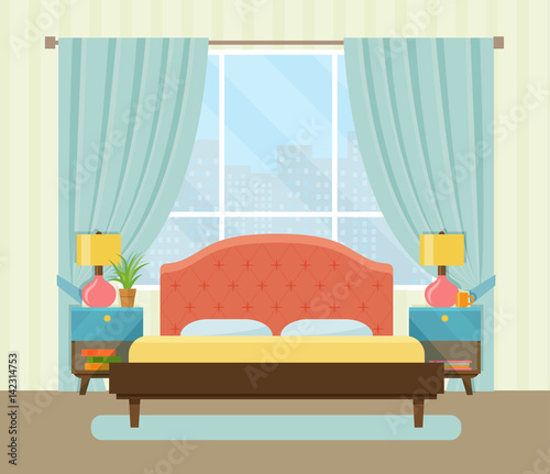 Interior space bedroom with a bed near a window. Vector flat illustration