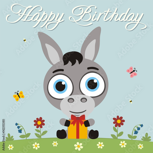 Happy birthday! Funny little donkey with gift in cartoon style. Card with donkey for child birthday.