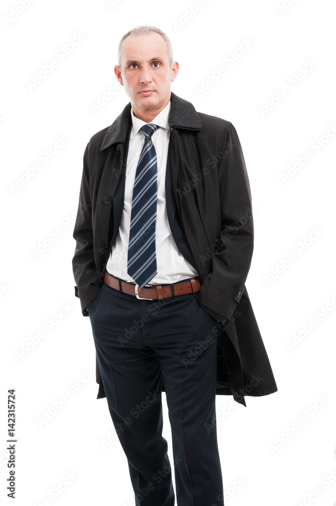 Middle age business man posing wearing raincoat Middle age business man posing wearing raincoat