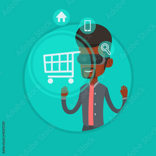 Man in virtual reality headset shopping online.
