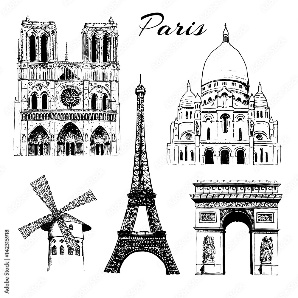 Paris sightseeing set. Eiffel tower, Arc de Triomphe, Basilica of Sacre Coeur, Moulin Rouge, Notre Dame. France. Vector hand drawn sketch