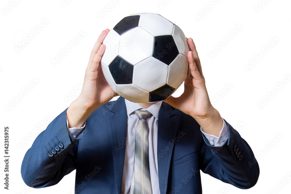 man in suit holding a soccer ball instead of a face isolated on white background man in suit holding a soccer ball instead of a face isolated on white background