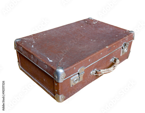 Old shabby suitcase on a white background