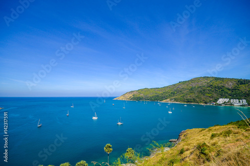 High angle view beautiful landscape of the island and Andaman sea from Windmill viewpoint is a famous attractions of Phuket Province in Thailand