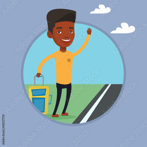 Young man hitchhiking vector illustration.