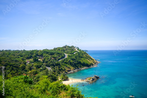 High angle view beautiful landscape of the island and Andaman sea from Windmill viewpoint is a famous attractions of Phuket Province in Thailand
