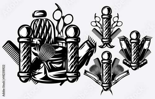 Set of monochrome templates for logo on the topic of barbershop. Vector illustration
