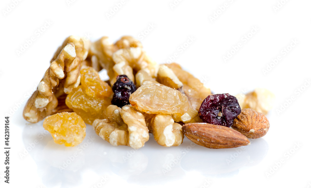 Nuts mixture with walnuts, raisins, cashew and dried fruits isolated on white Nuts mixture with walnuts, raisins, cashew and dried fruits isolated on white