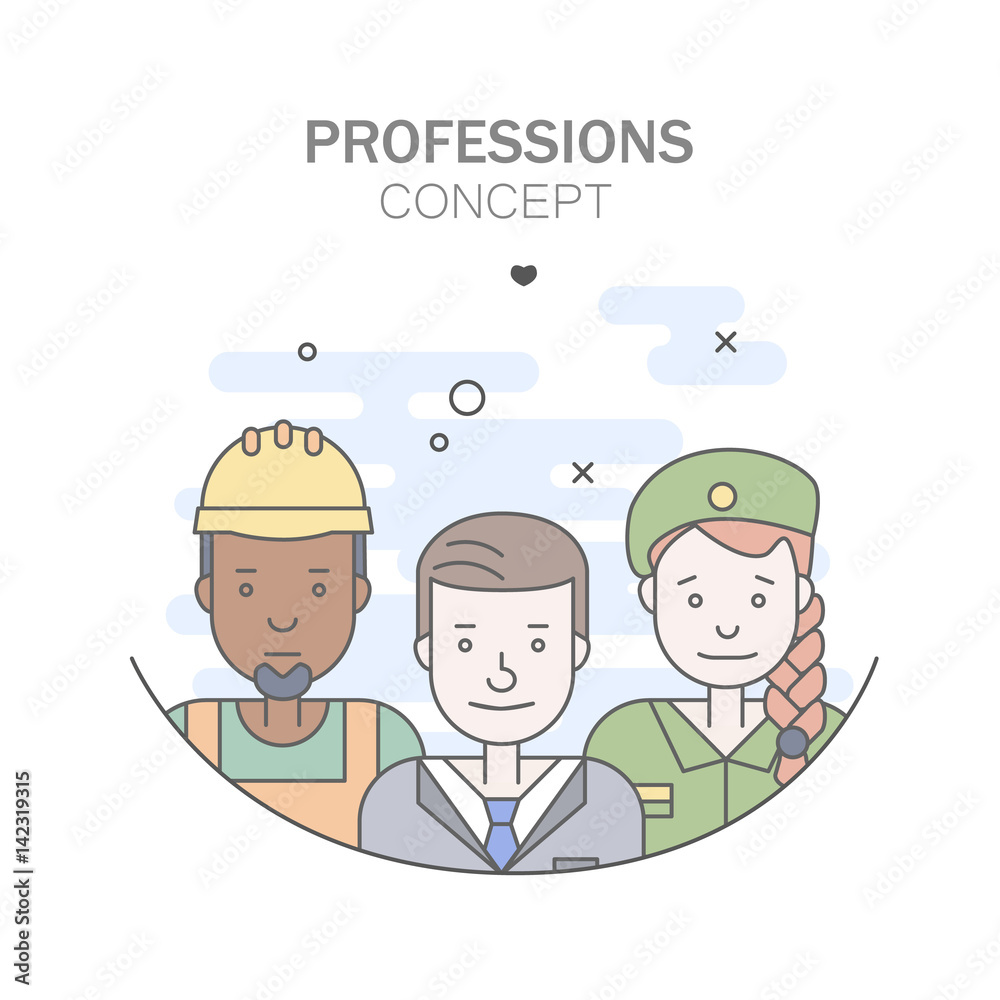 Linear Flat people faces and professions vector illustration. Linear Flat people faces and professions vector illustration.