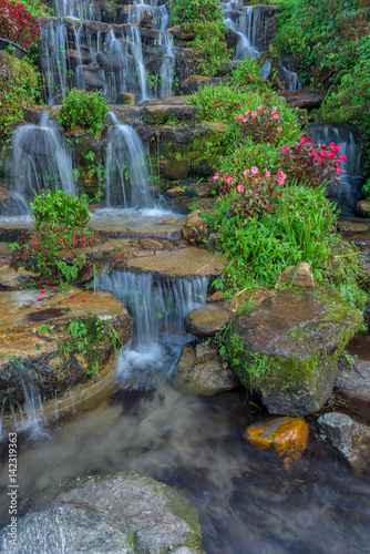 beautiful landscaping with waterfall and flowers