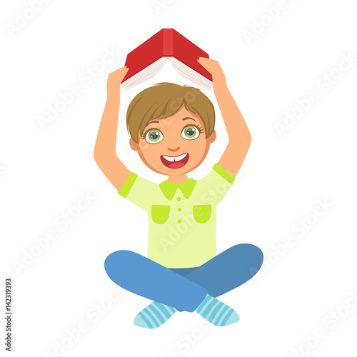 Boy Reading A Book Holding It Above The Head, Part Of Kids Loving To Read Vector Illustrations Series