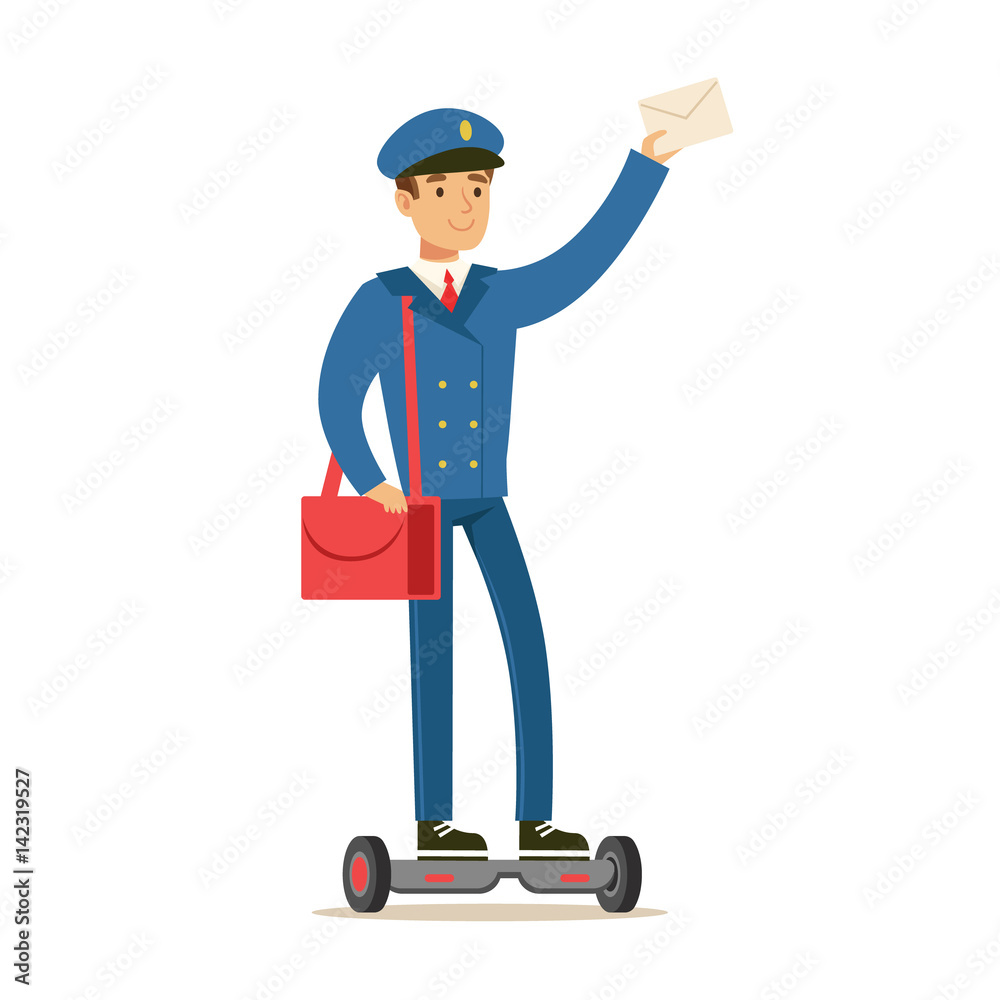 Postman In Blue Uniform On Gyro Scooter Delivering Mail, Fulfilling Mailman Duties With A Smile Postman In Blue Uniform On Gyro Scooter Delivering Mail, Fulfilling Mailman Duties With A Smile