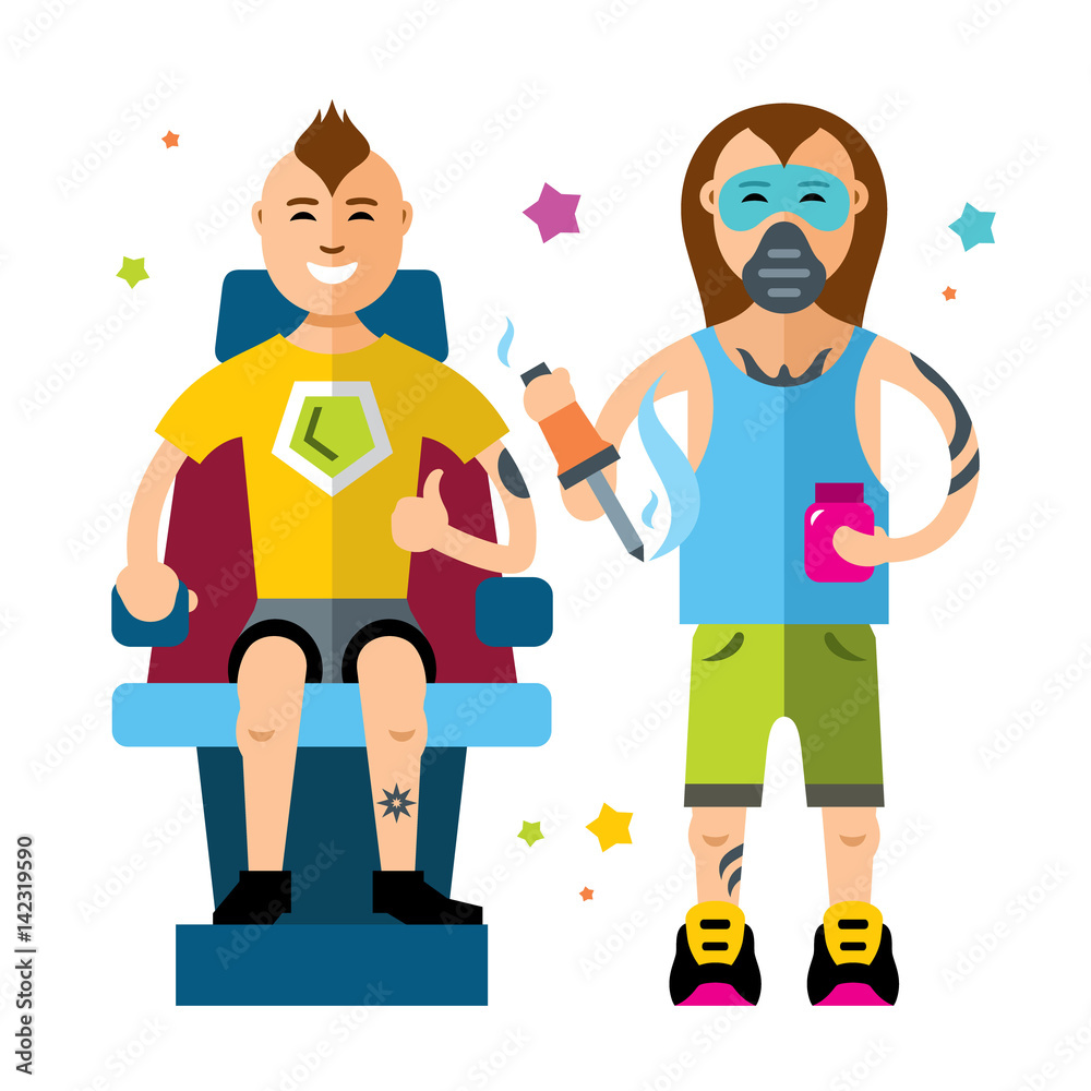 Vector Tattoo master working in salon. Flat style colorful Cartoon illustration. Vector Tattoo master working in salon. Flat style colorful Cartoon illustration.