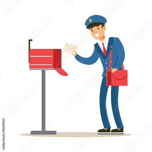 Postman In Blue Uniform Delivering Mail, Putting Letters In Mailbox, Fulfilling Mailman Duties With A Smile