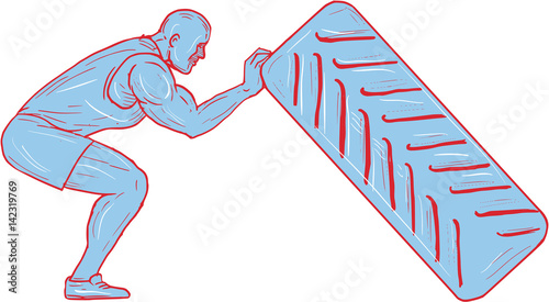 Fitness Athlete Pushing Back Tire Workout Drawing