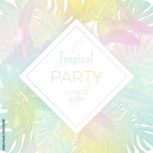 Light vector hawaiian party flyer with palm leaves and exotic tropical plants.