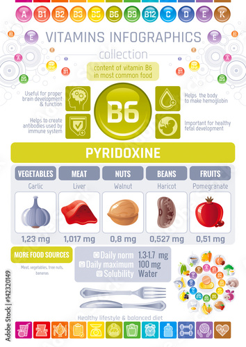 Pyridoxine Vitamin B6 rich food icons. Healthy eating flat icon set, text letter logo, isolated background. Diet Infographic diagram poster, haricot, walnut. Vector illustration, human health benefits