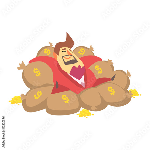 Millionaire Rich Man Laying On Money Bags Filled With Golden Coins,Funny Cartoon Character Lifestyle Situation