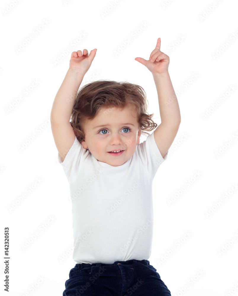 Adorable baby with his hands raised asking for the word