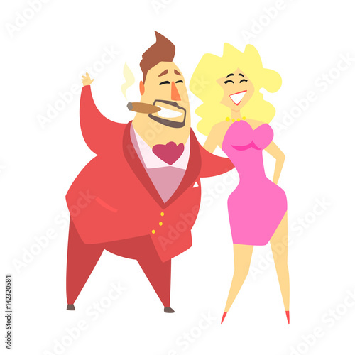 Millionaire Rich Man Walking Holding Around A Waist A Pretty Blond Sexy Woman,Funny Cartoon Character Lifestyle Situation