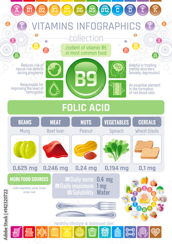 Folic acid Vitamin B9 rich food icons. Healthy eating flat icon set, text letter logo. Diet Infographic diagram flyer, liver, peanut, mung. Table vector illustration background, human health benefits