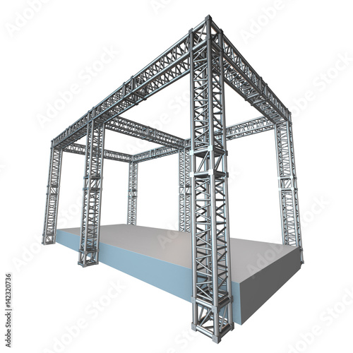 Steel truss girder rooftop construction with outdoor festival stage. 3d render podium isolated on white.