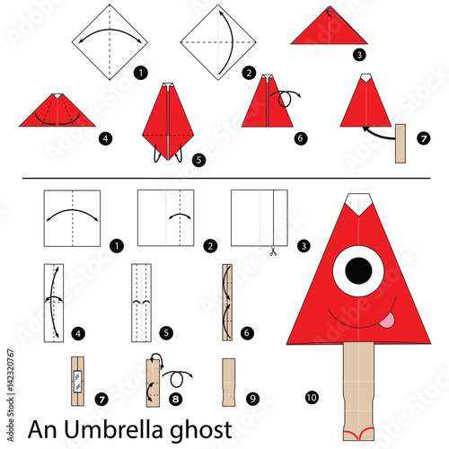 Step by step instructions how to make origami An Umbrella ghost.