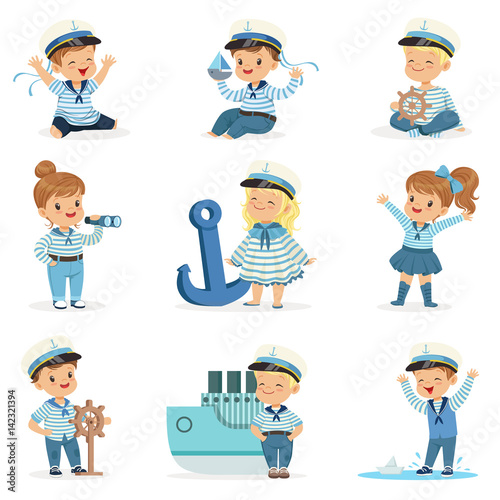 Small Children In Sailors Costumes Dreaming Of Sailing The Seas, Playing With Toys Adorable Cartoon Characters