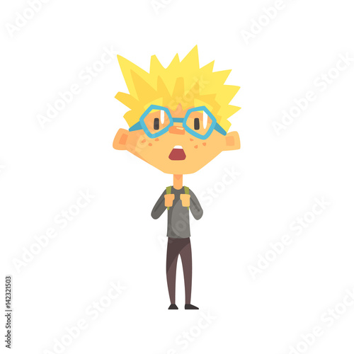 Blond Boy With Spiky Hair And Glasses Surprised, Primary School Kid, Elementary Class Member, Isolated Young Student Character