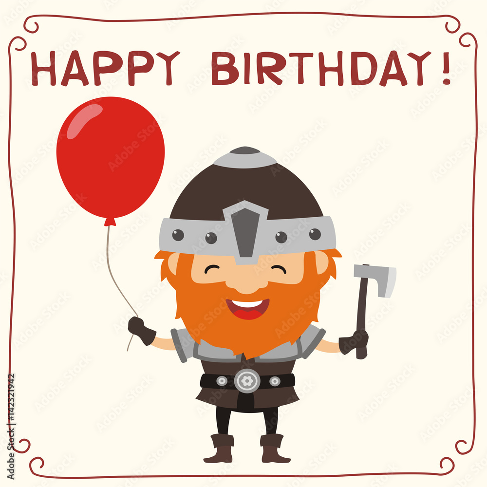 Happy birthday! Funny viking with red balloon. Birthday card with viking in cartoon style.