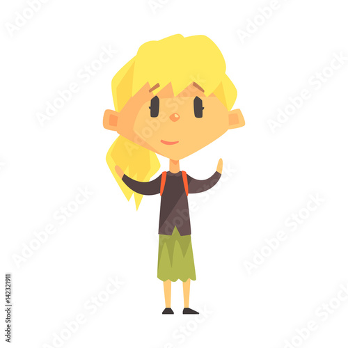 Calm Blond Girl With Ponytail, Primary School Kid, Elementary Class Member, Isolated Young Student Character