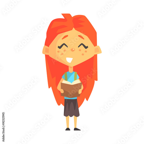 Smiling Redhead Girl Reading A Book, Primary School Kid, Elementary Class Member, Isolated Young Student Character