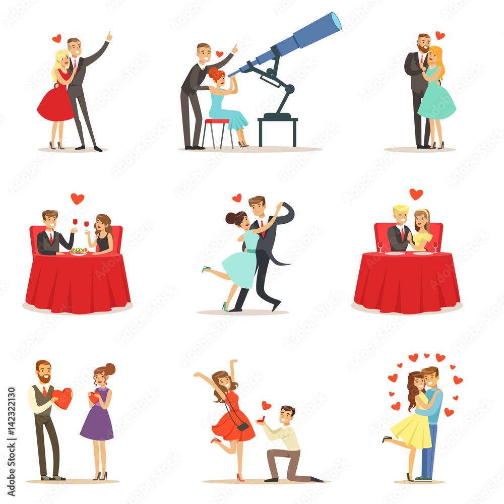 Couples In Love Romantic St. Valentine s Day Date, Lovers And Romance Collection Of Vector Illustrations