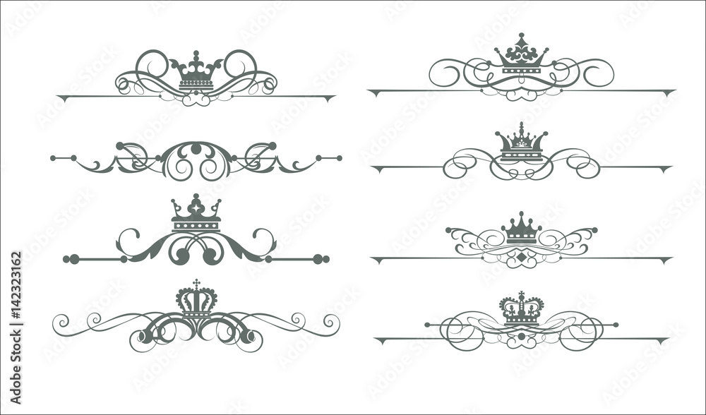 Victorian Scrolls and crown. Calligraphic decorative elements. Vector set. Vintage