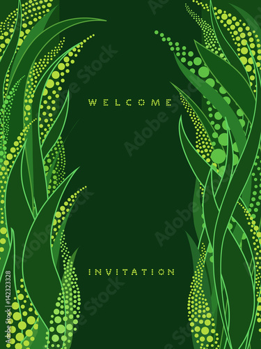 Vertical invitation card with lettering on dark green background with floristic graphic ornament - vector illustration