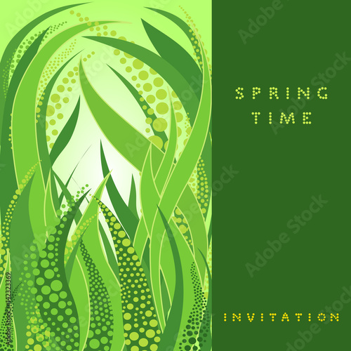 Square invitation card with green lettering "Spring time" on green background with floristic graphic ornament - vector illustration