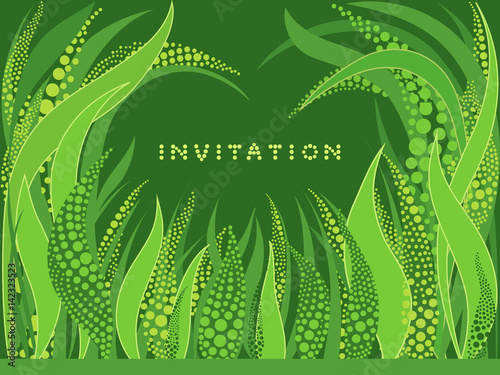 Horizontal invitation card on green background with herbal graphic ornament - vector illustration