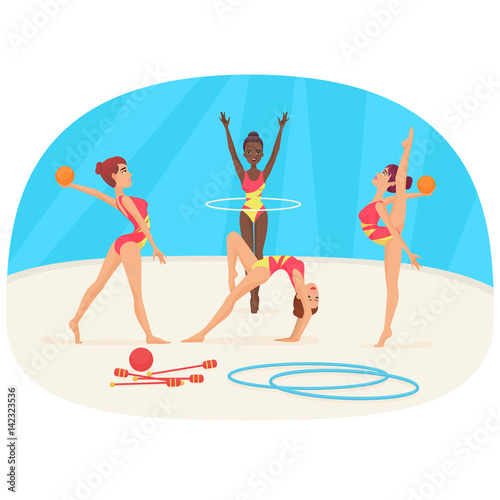 Young woman doing the different types of gymnastics vector illustration.
