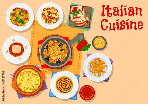 Italian cuisine icon with pasta, soup and cake