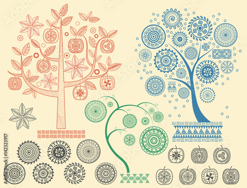 The tree patterns with the different elements vector illustration. Aztecs Mayan ancient civilizations ornaments.