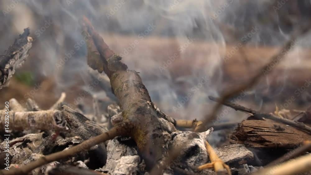 Smoldering remains from the campfire. Slow motion Smoldering remains from the campfire. Slow motion
