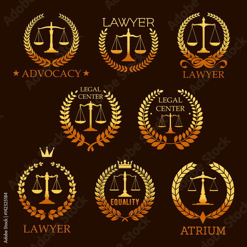 Lawyer golden emblem set with scale of justice