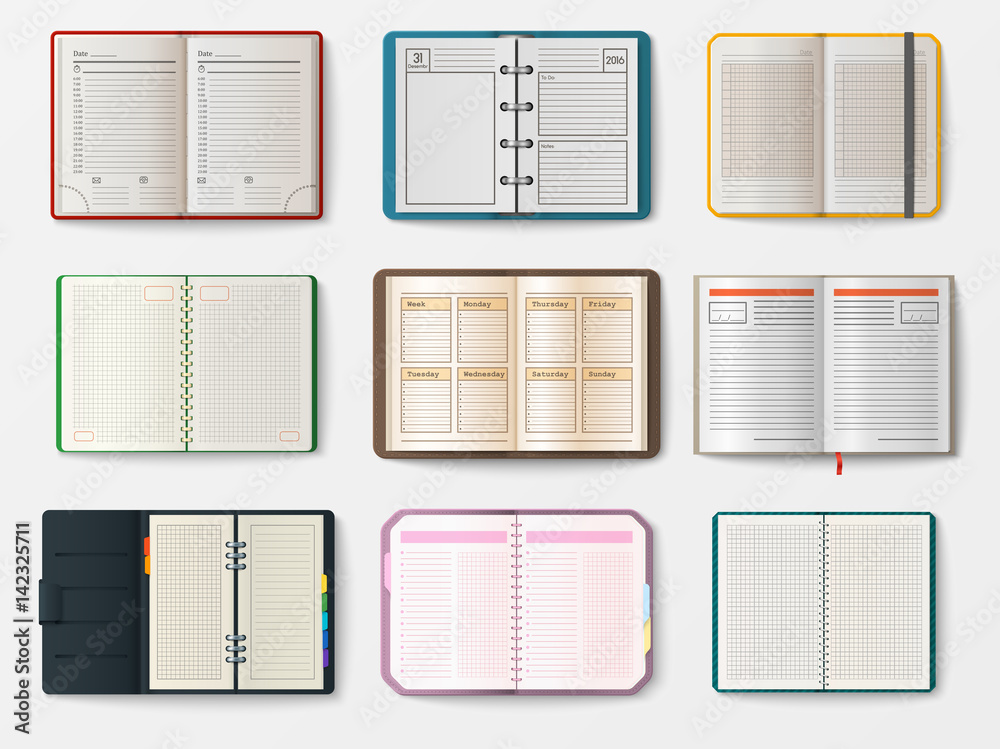 Set of open realistic notebooks with pages diary office sheet template booklet and blank paper education copybook organizer vector illustration.