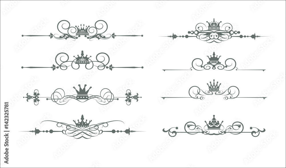 Victorian Scrolls and crown. Decorative elements. Vector art. Vintage