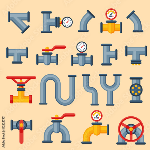 Details pipes different types collection of water tube industry gas valve construction and oil industrial pressure technology plumbing vector illustration.