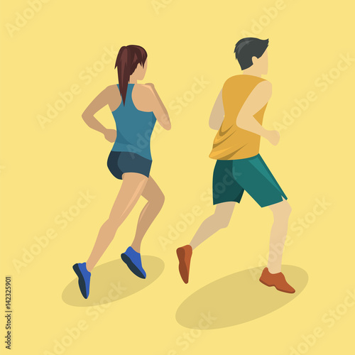 Isometric flat 3D isolated concept people running on the road.
