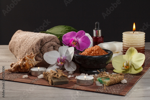 Spa and wellness accessories on wooden background