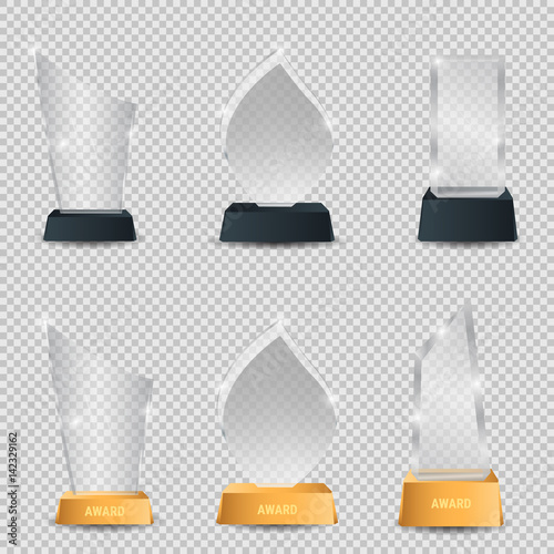Trophy glass awards vector illustration. Transparent crystal trophys.